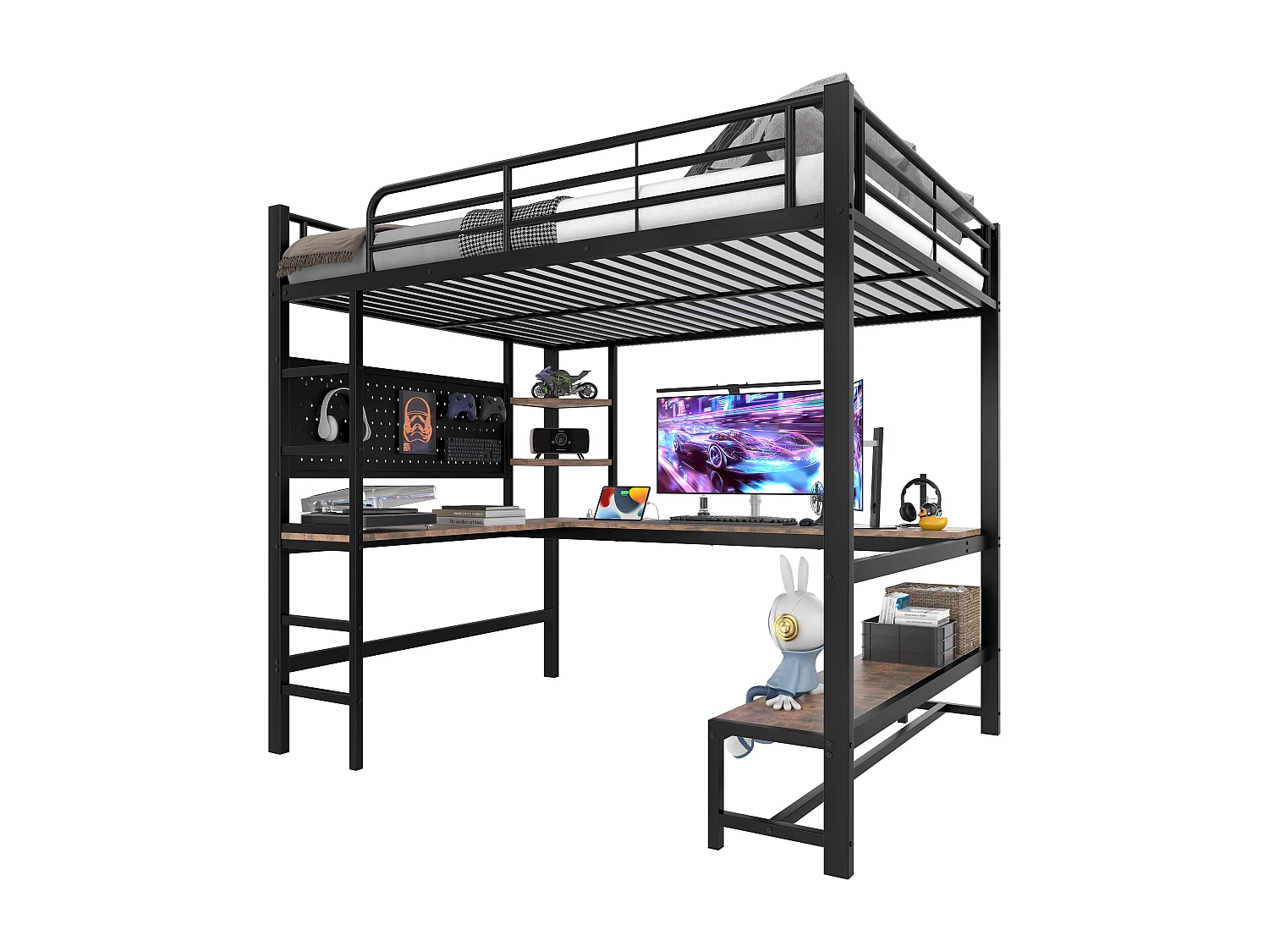 Kinderhoogslaper - 140 x 200 cm - ijzeren frame - met bureau + LED's + USB + Type-C - metaal + MDF - zwart