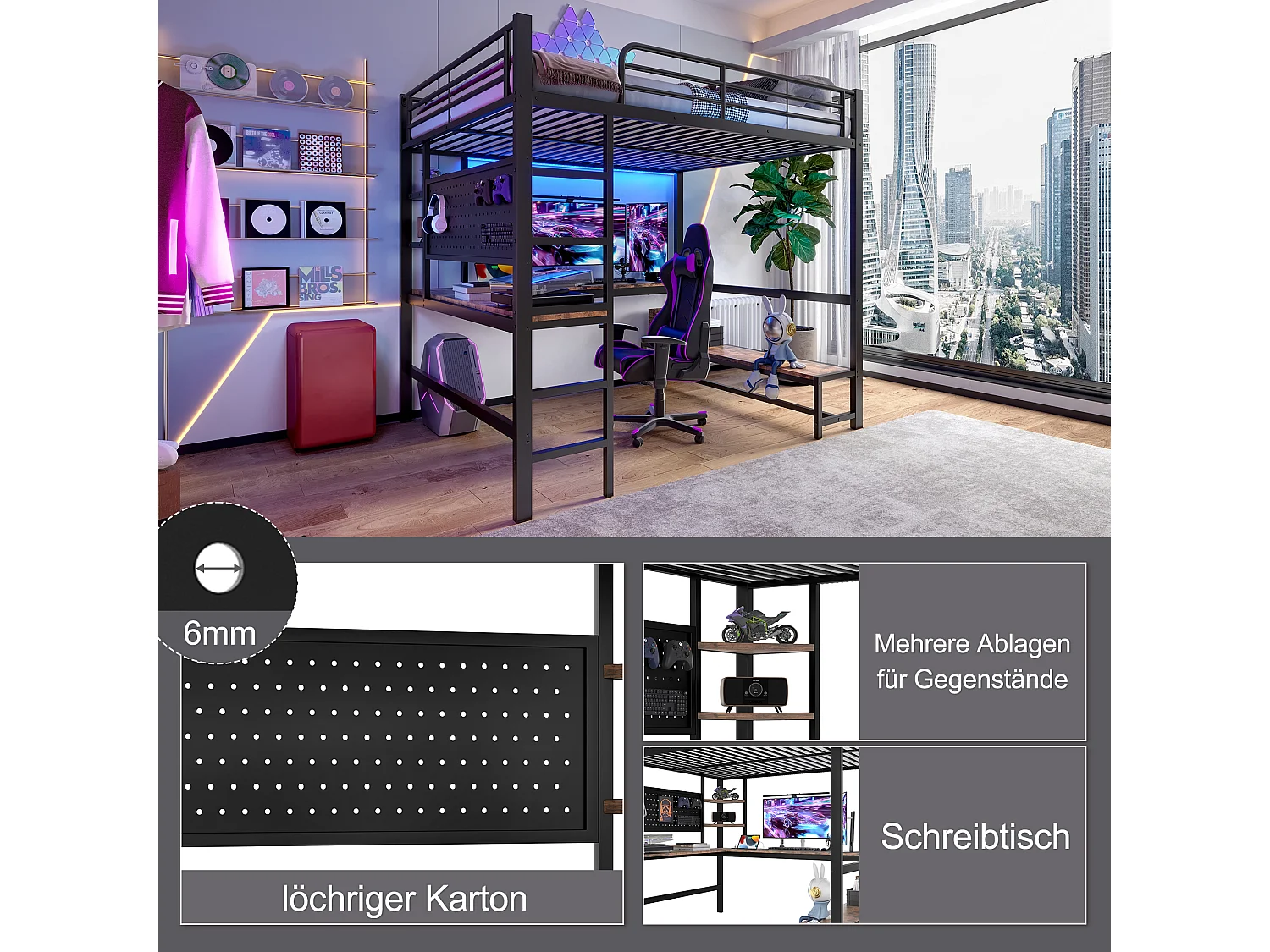 Letto a soppalco per bambini - 140 x 200 cm - struttura in ferro - con scrivania + LED + USB + Type-C - metallo + MDF - nero
