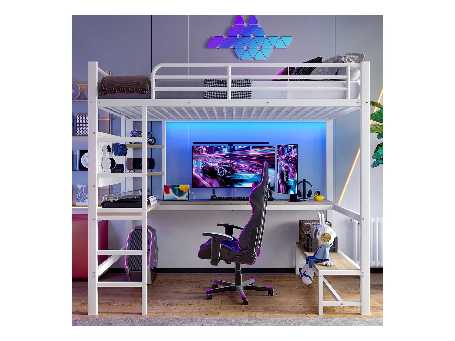 Lit mezzanine pour enfant - 90 x 200 cm - structure en fer - avec bureau + Leds + USB+Type-C - métal + MDF - blanc
