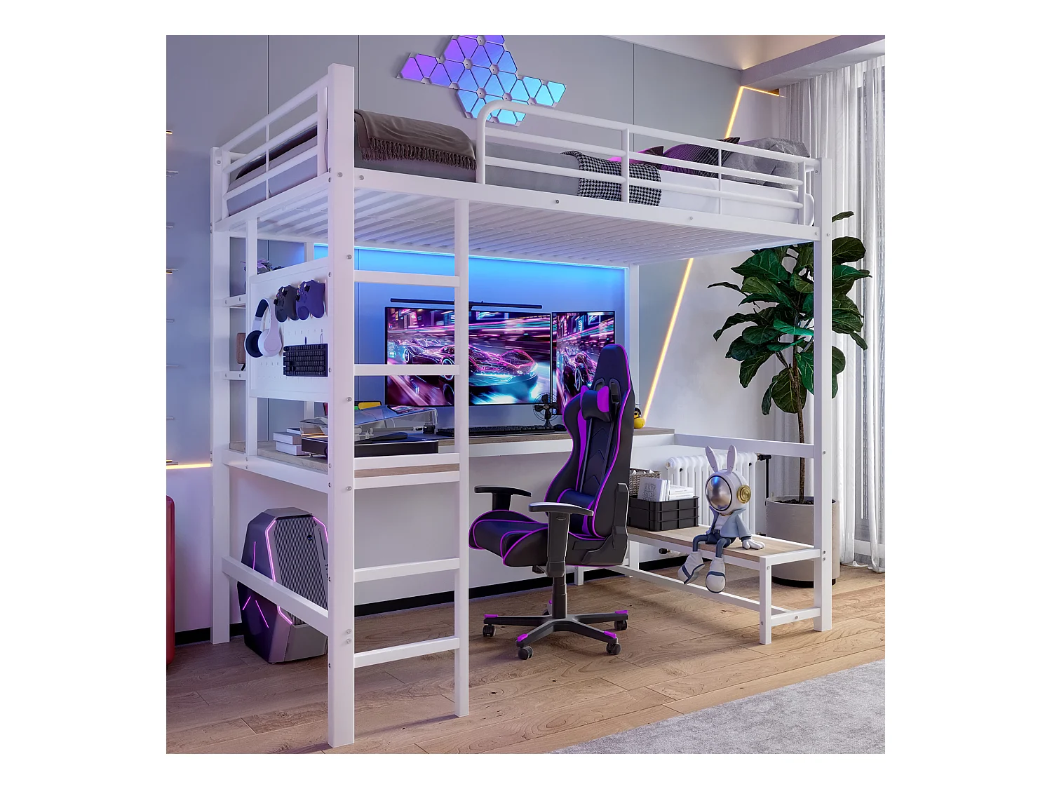 Lit mezzanine pour enfant - 90 x 200 cm - structure en fer - avec bureau + Leds + USB+Type-C - métal + MDF - blanc