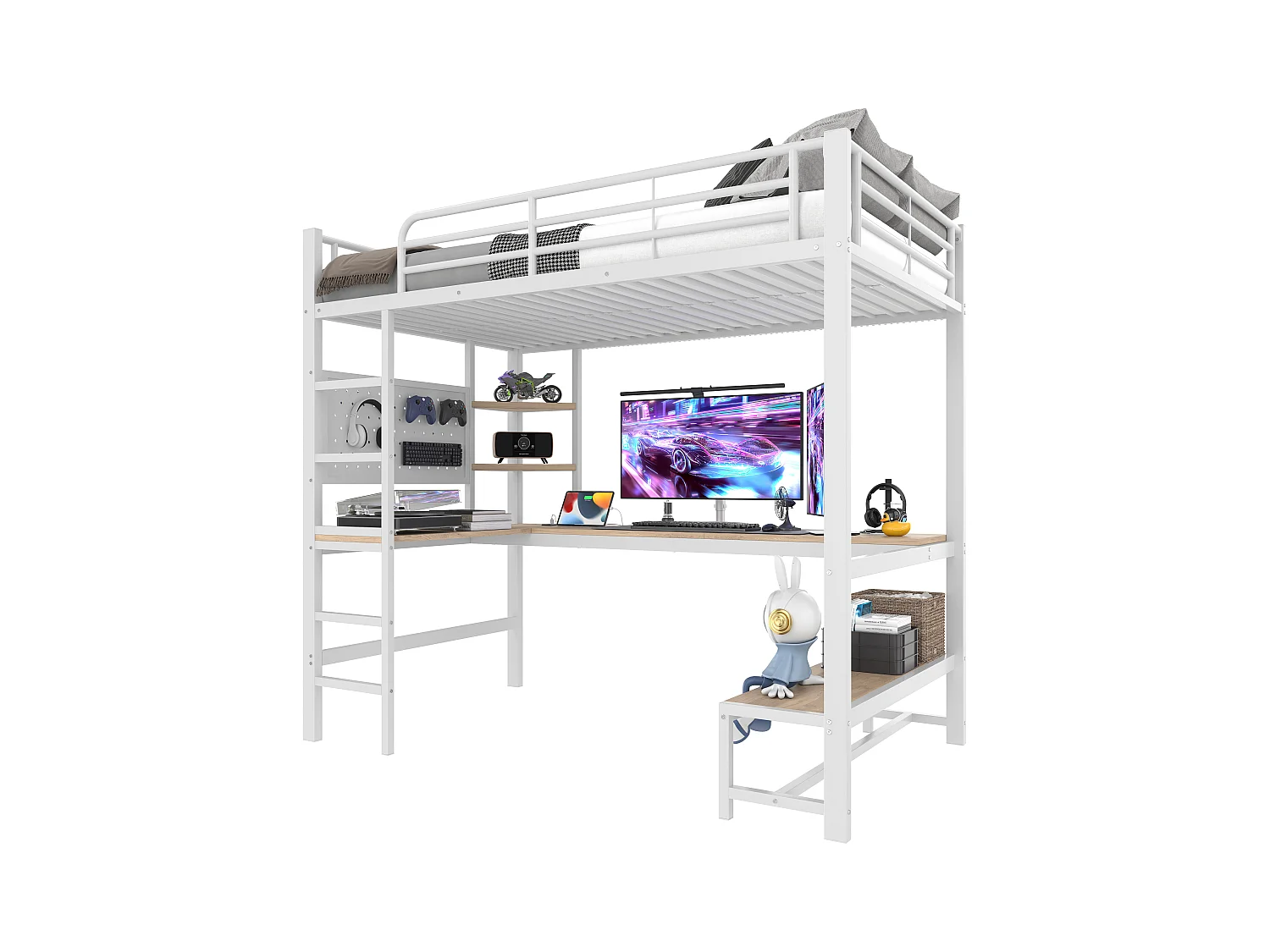 Lit mezzanine pour enfant - 90 x 200 cm - structure en fer - avec bureau + Leds + USB+Type-C - métal + MDF - blanc