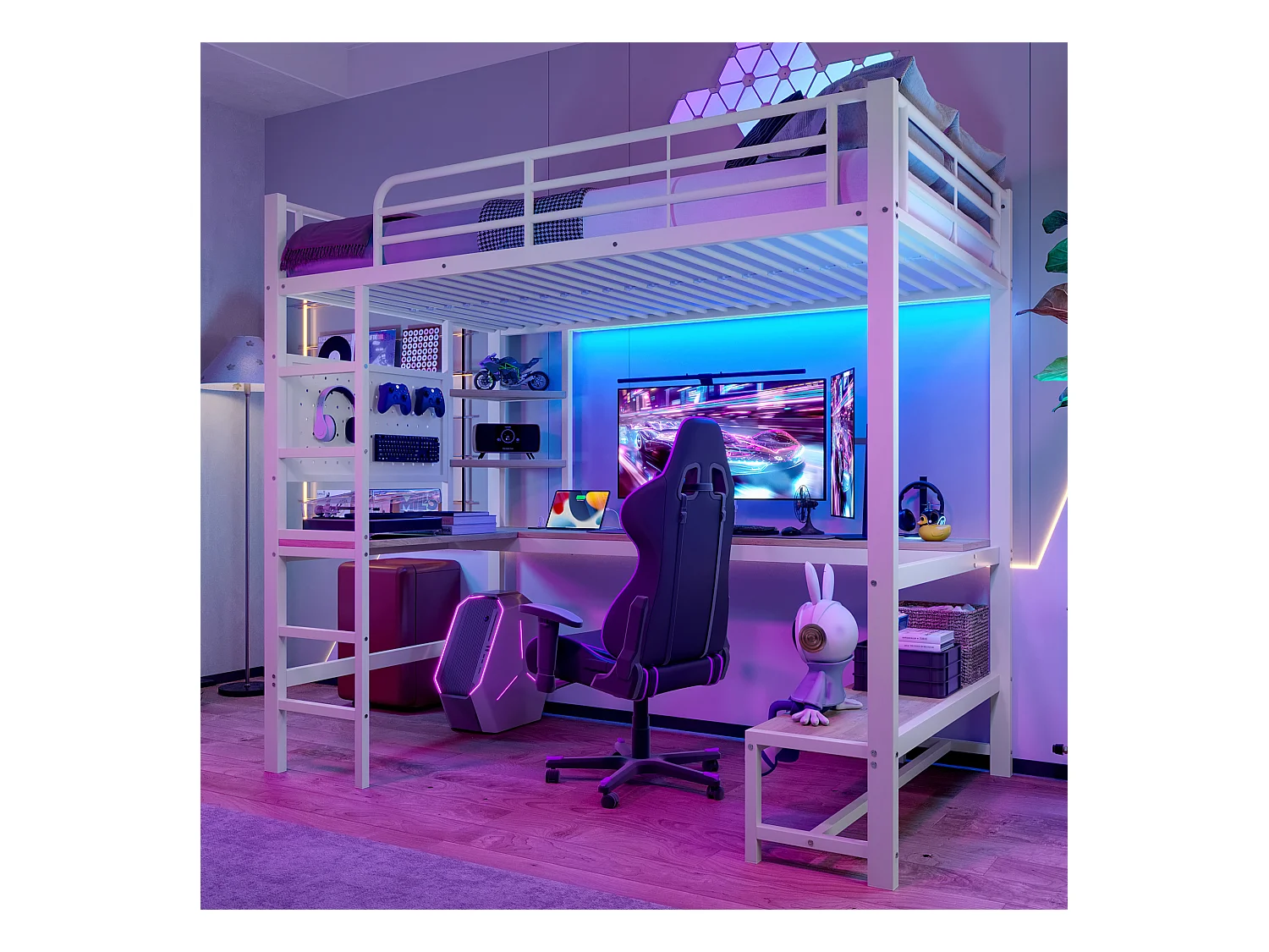 Kinderhoogslaper - 90 x 200 cm - ijzeren frame - met bureau + LED's + USB + Type-C - metaal + MDF - wit