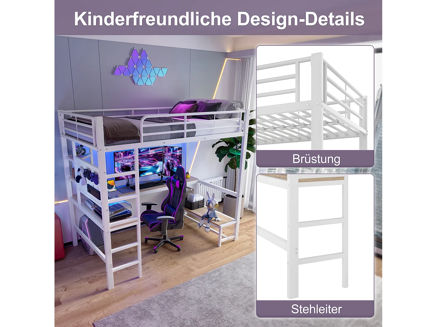 Lit mezzanine pour enfant - 90 x 200 cm - structure en fer - avec bureau + Leds + USB+Type-C - métal + MDF - blanc