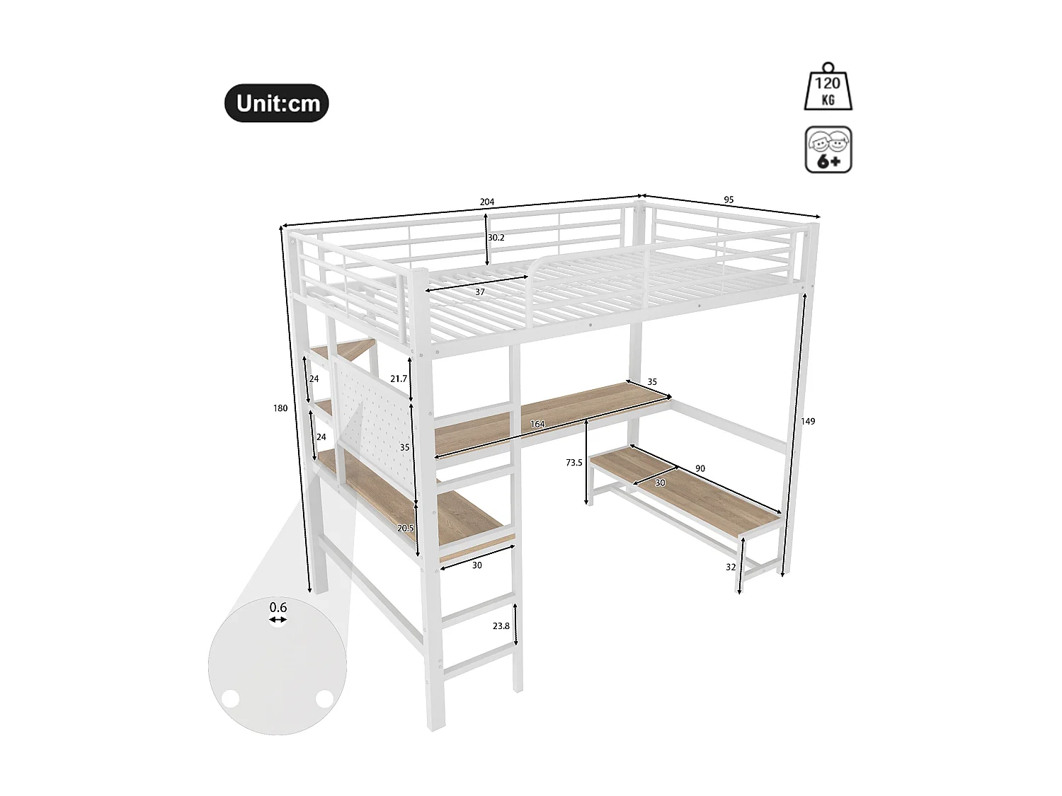 Lit mezzanine pour enfant - 90 x 200 cm - structure en fer - avec bureau + Leds + USB+Type-C - métal + MDF - blanc