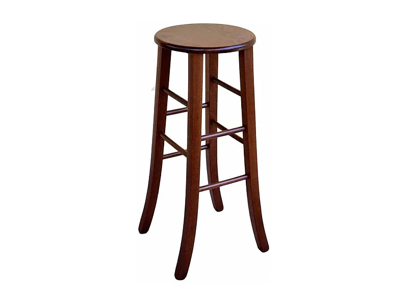 Tabouret en bois massif de noyer foncé h 80 avec assise ronde et pieds sabre