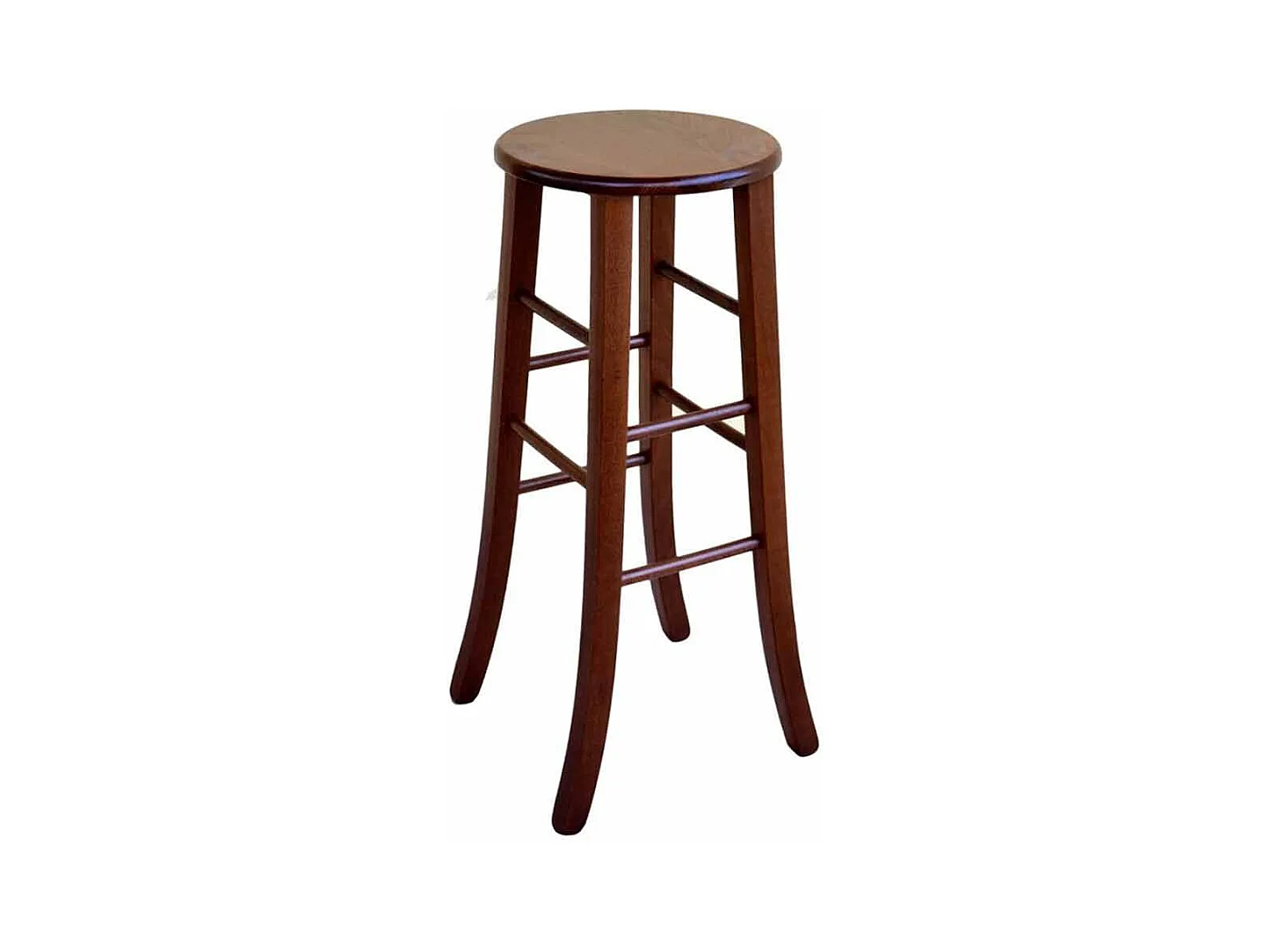 Tabouret en bois massif de noyer foncé h 80 avec assise ronde et pieds sabre