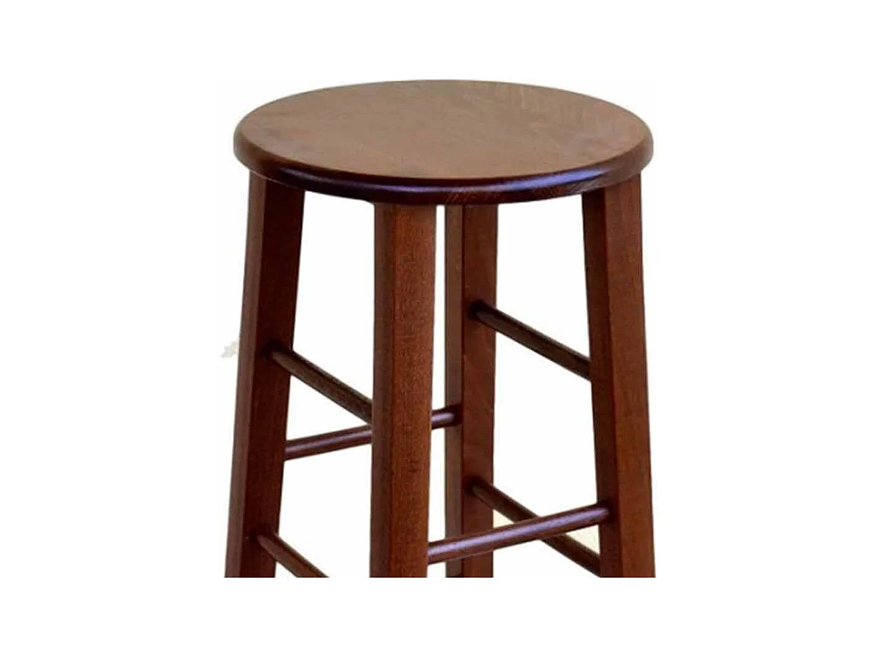 Tabouret en bois massif de noyer foncé h 80 avec assise ronde et pieds sabre
