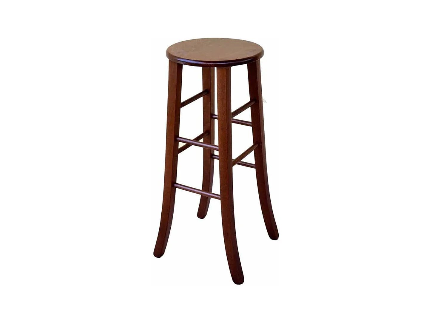 Tabouret en bois massif de noyer foncé h 80 avec assise ronde et pieds sabre
