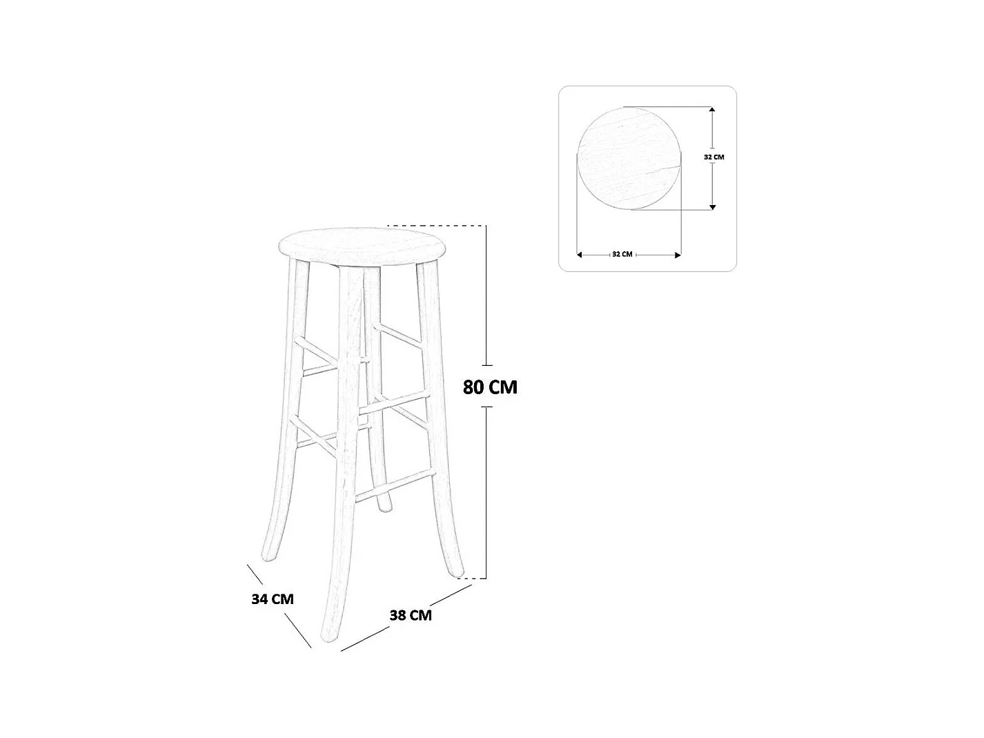 Tabouret en bois massif de noyer foncé h 80 avec assise ronde et pieds sabre