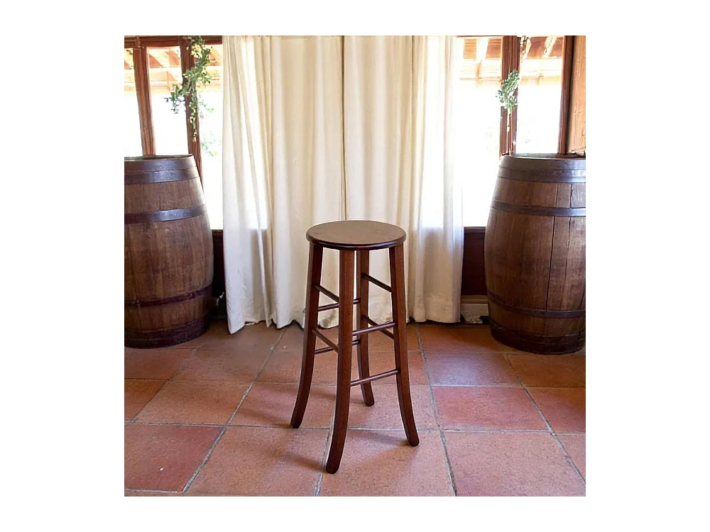 Tabouret en bois massif de noyer foncé h 80 avec assise ronde et pieds sabre