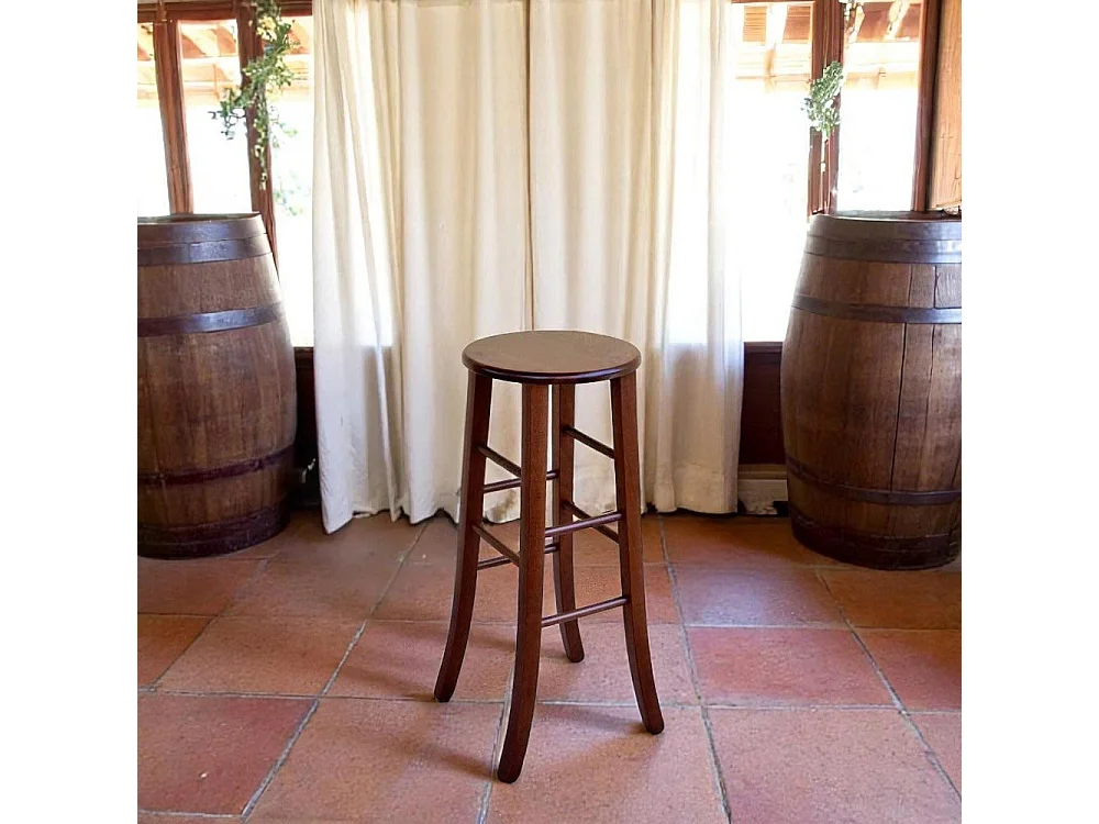 Sgabello in legno massello noce scuro h 80 con seduta tonda e gambe a sciabola