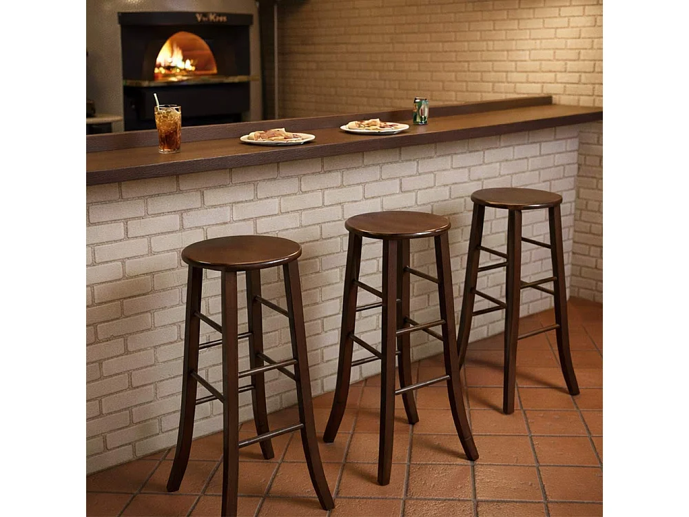 Tabouret en bois massif de noyer foncé h 80 avec assise ronde et pieds sabre