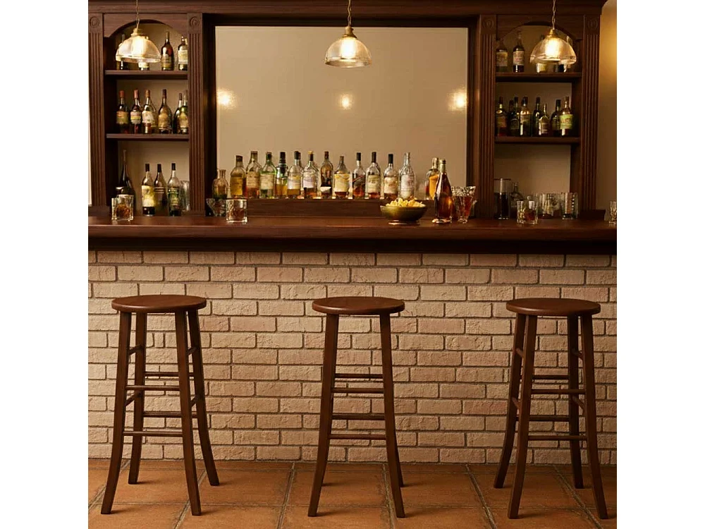 Tabouret en bois massif de noyer foncé h 80 avec assise ronde et pieds sabre