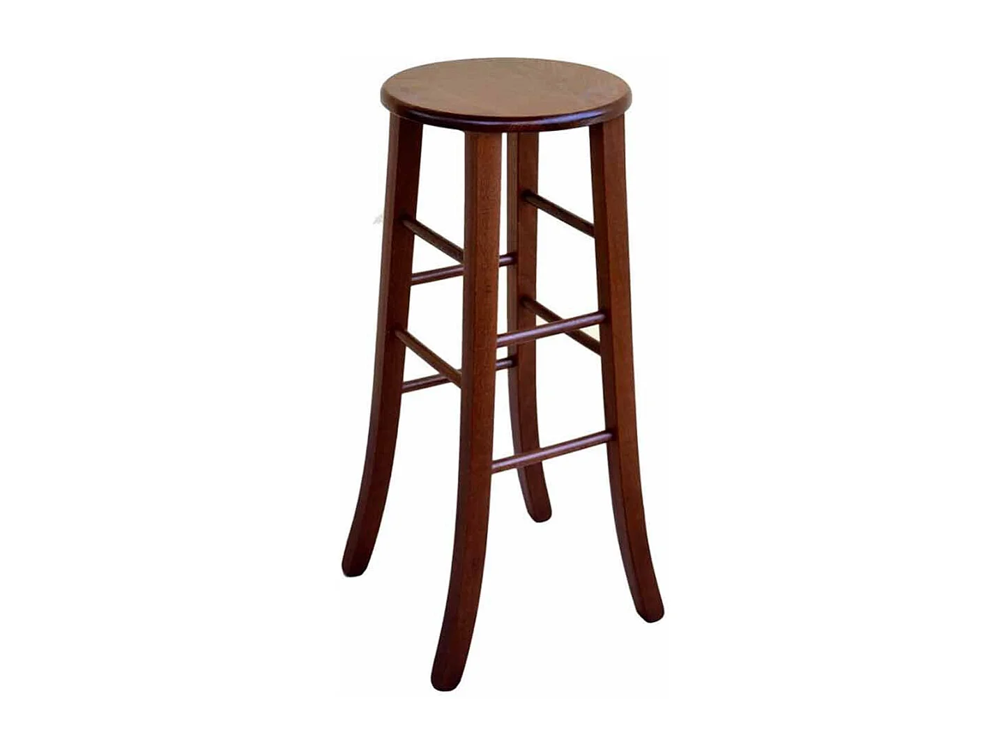 Tabouret en bois massif de noyer foncé h 80 avec assise ronde et pieds sabre