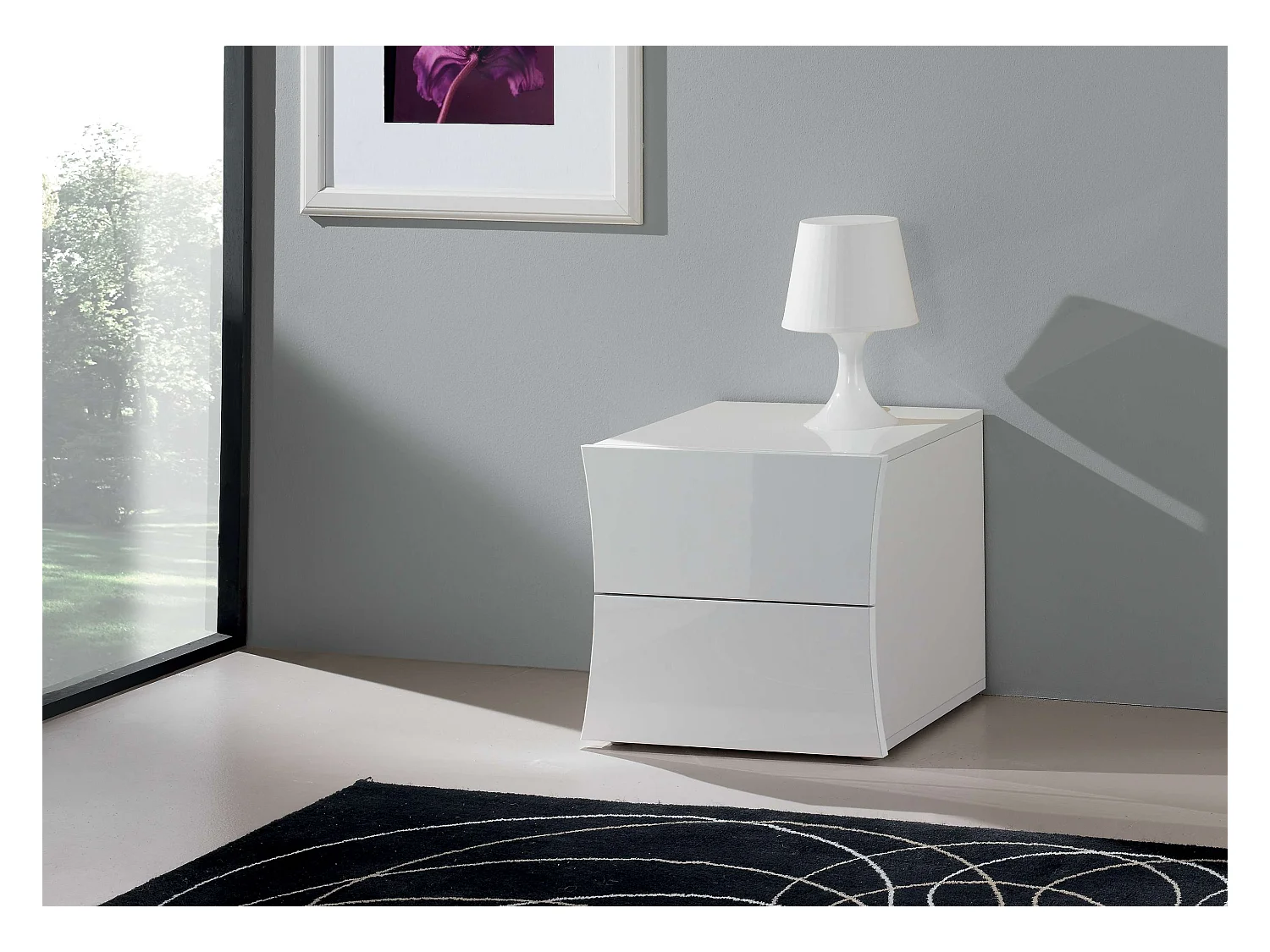 Table de chevet design blanc brillant 2 tiroirs Arco Smart