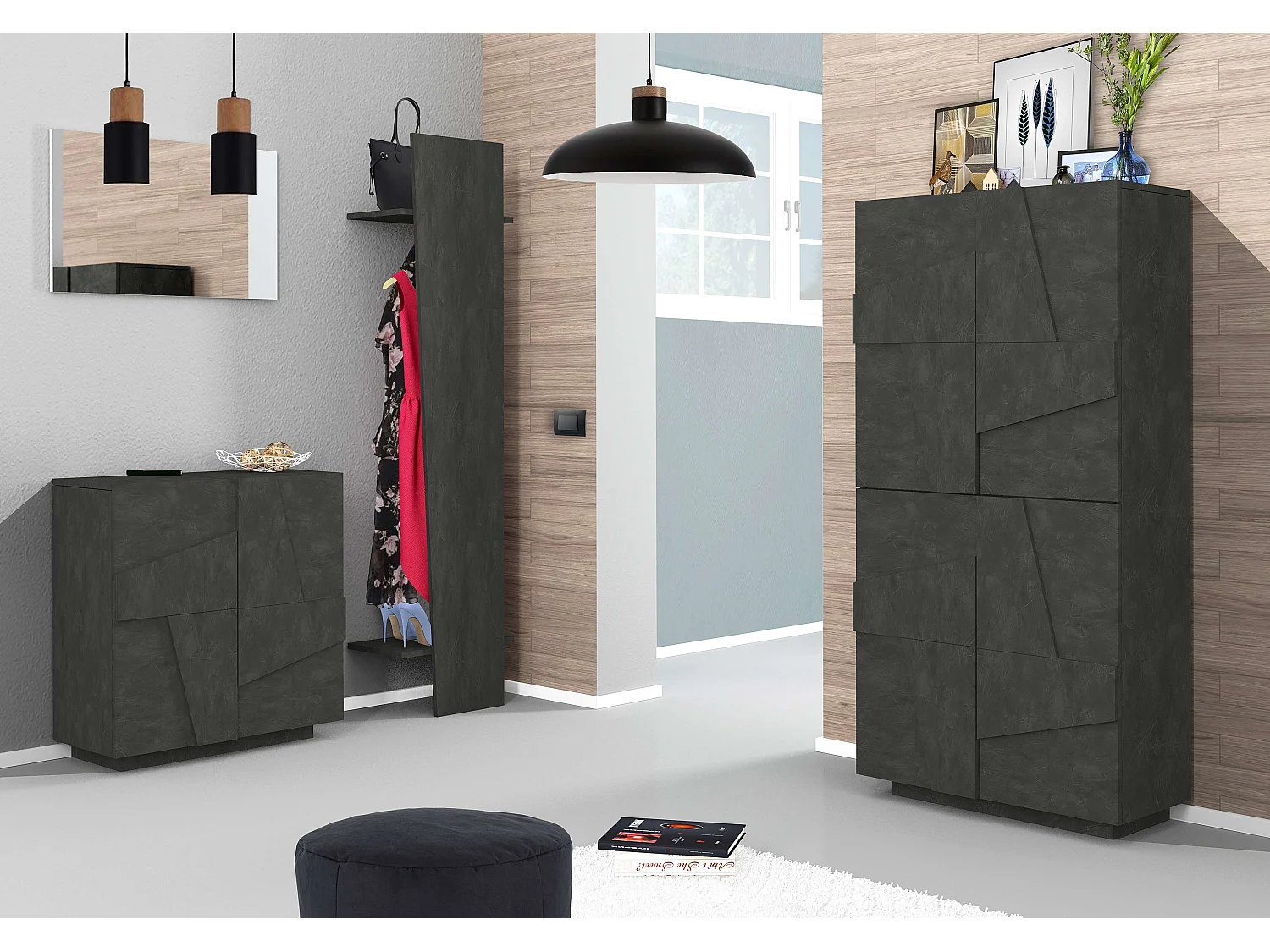 Perchero gris armario abierto vestíbulo dormitorio diseño Ping Hang Bronx