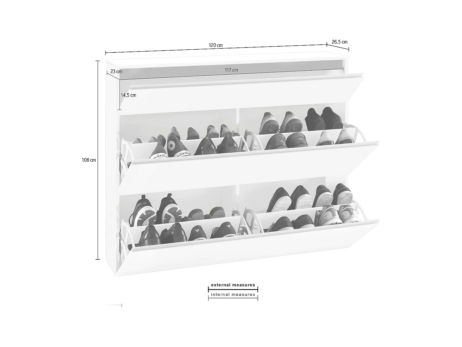Scarpiera 3 ante L 120 x H 108 x P 26.5 cm 24 paia, bianco