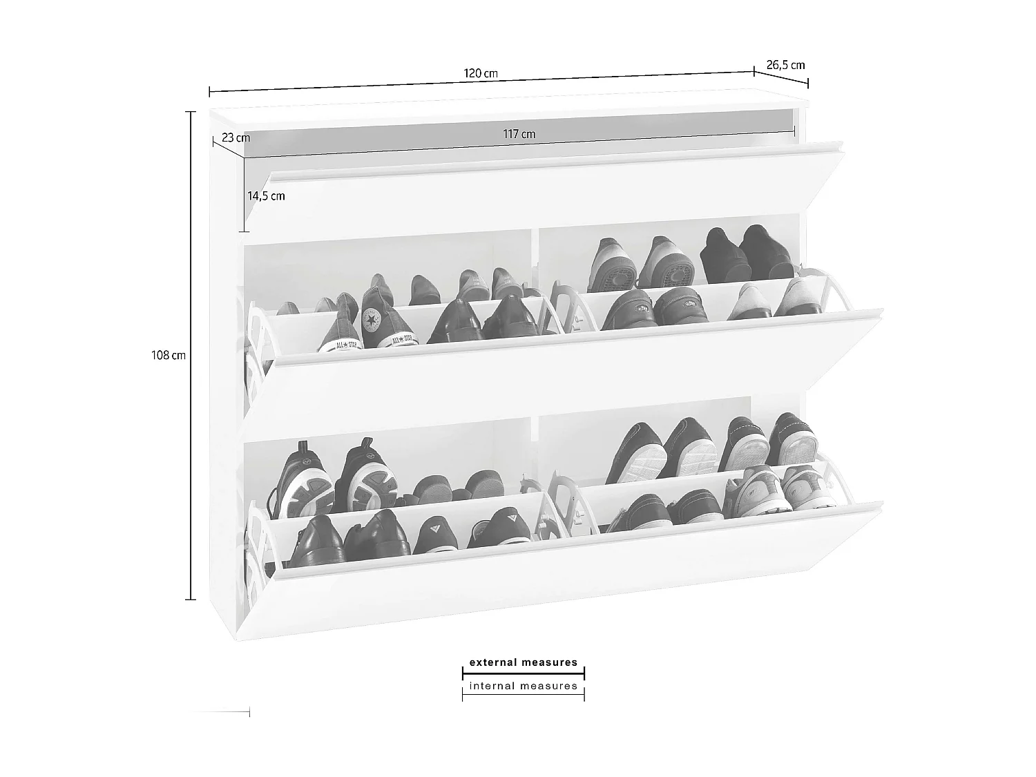 Scarpiera 3 ante L 120 x H 108 x P 26.5 cm 24 paia, bianco