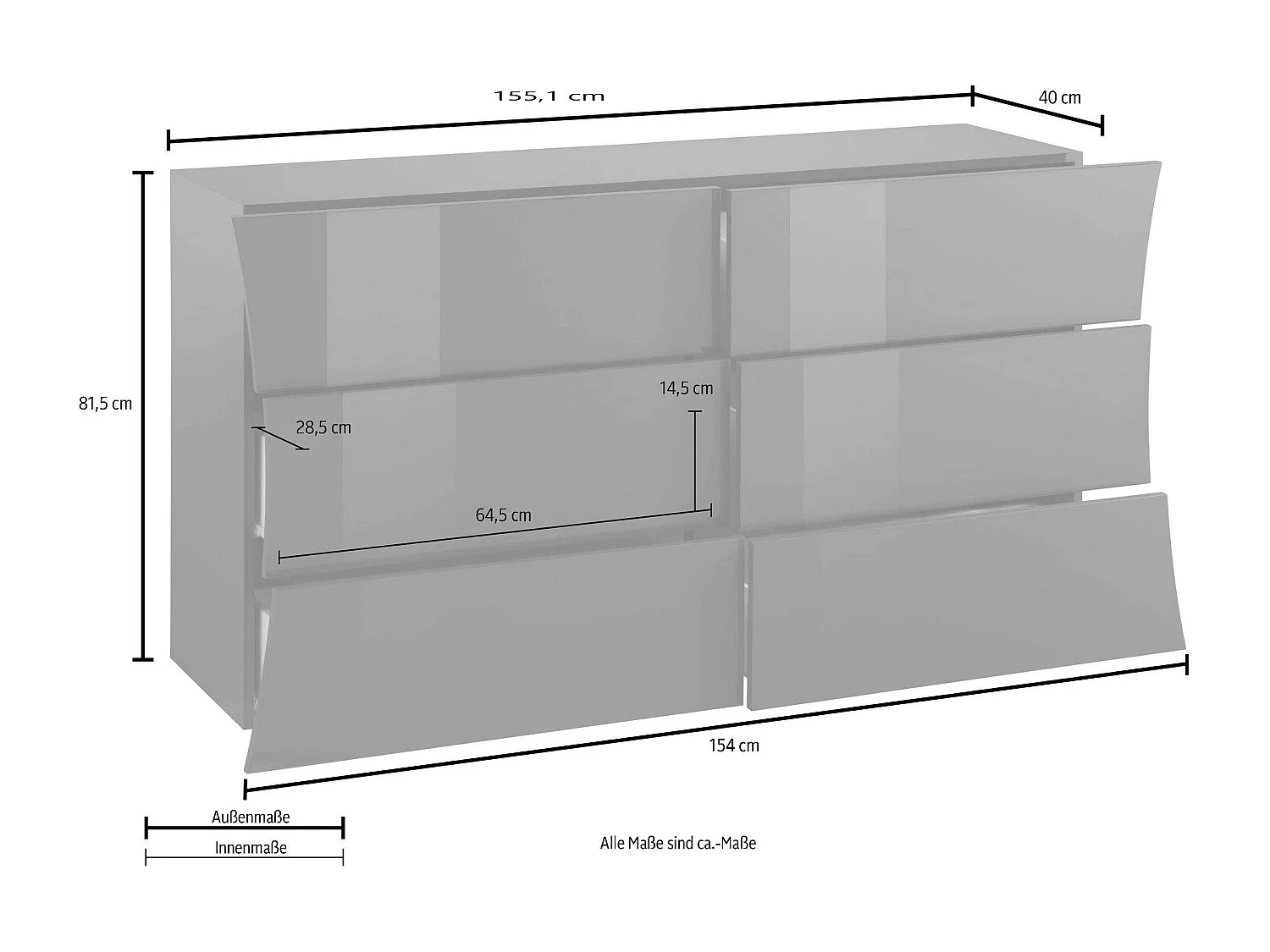 Commode de chambre 6 tiroirs blanc brillant buffet Arco Sideboard