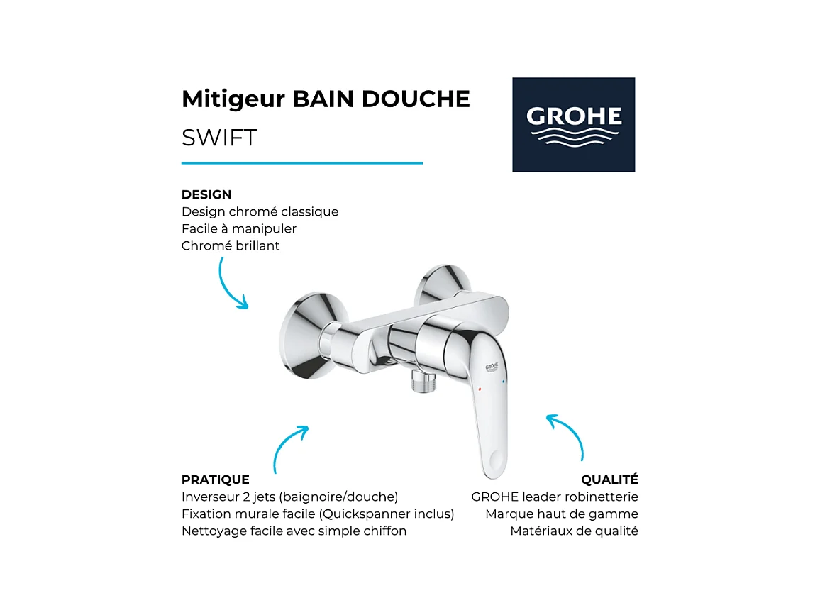Mitigeur bain douche mécanique GROHE Swift 2023 chromé
