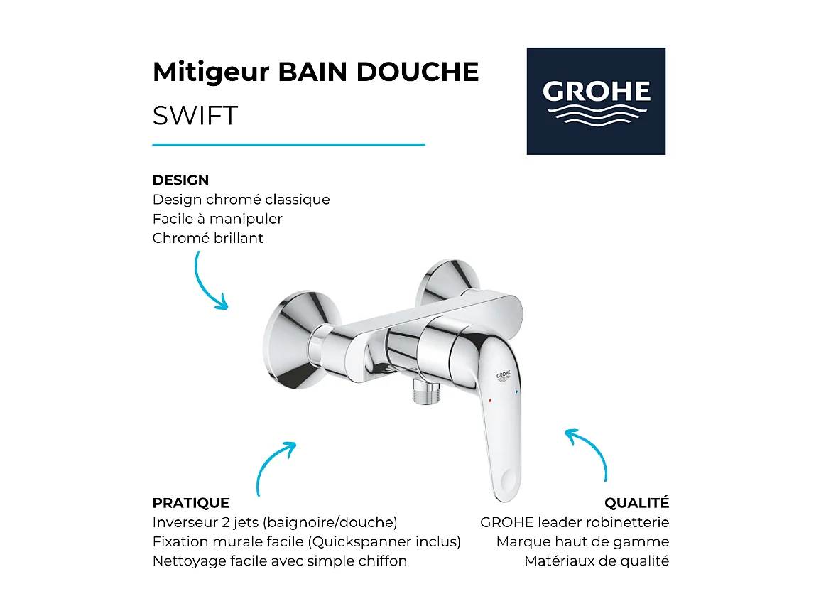 Mitigeur bain douche mécanique GROHE Swift 2023 chromé