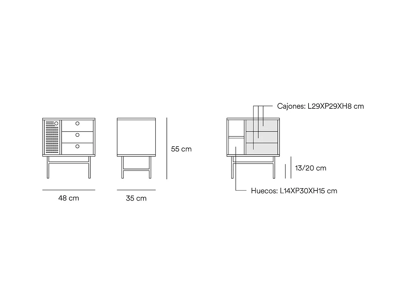 Table de chevet blanche 3 tiroirs 1 porte 48x35 cm