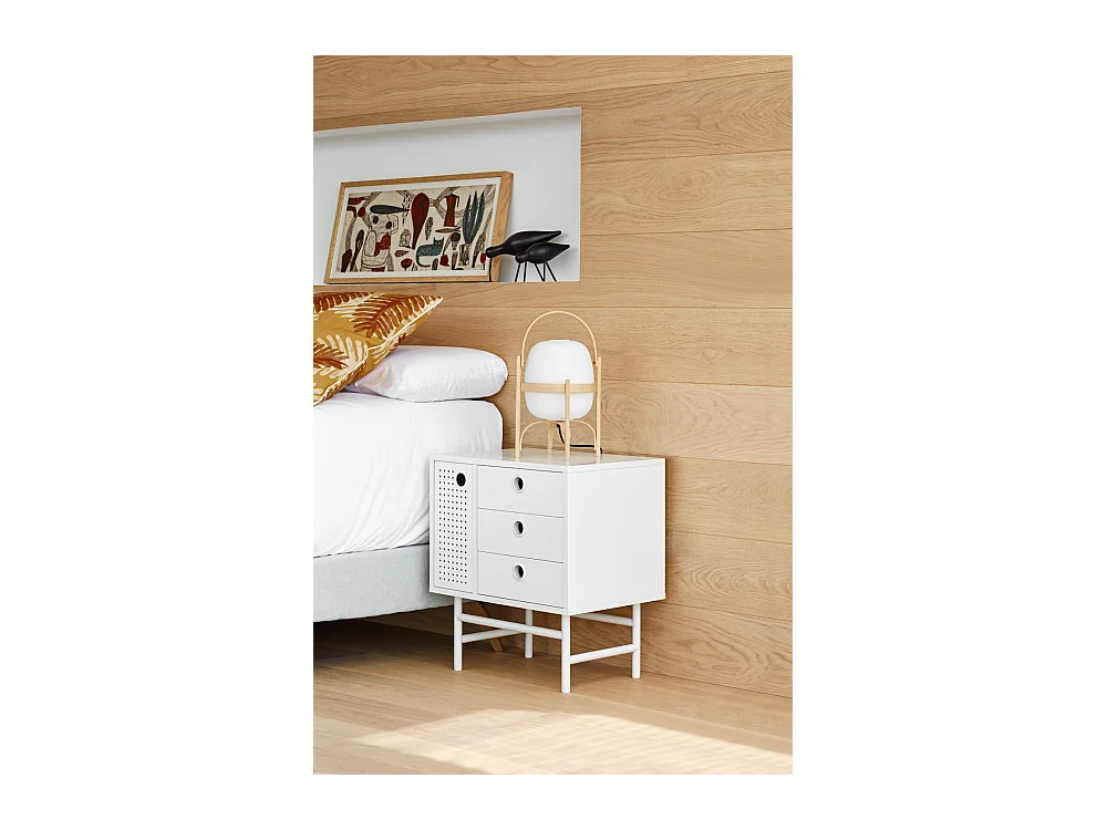 Table de chevet blanche 3 tiroirs 1 porte 48x35 cm