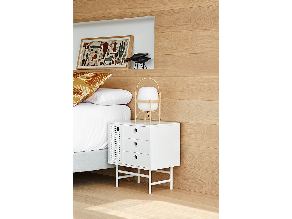 Table de chevet blanche 3 tiroirs 1 porte 48x35 cm