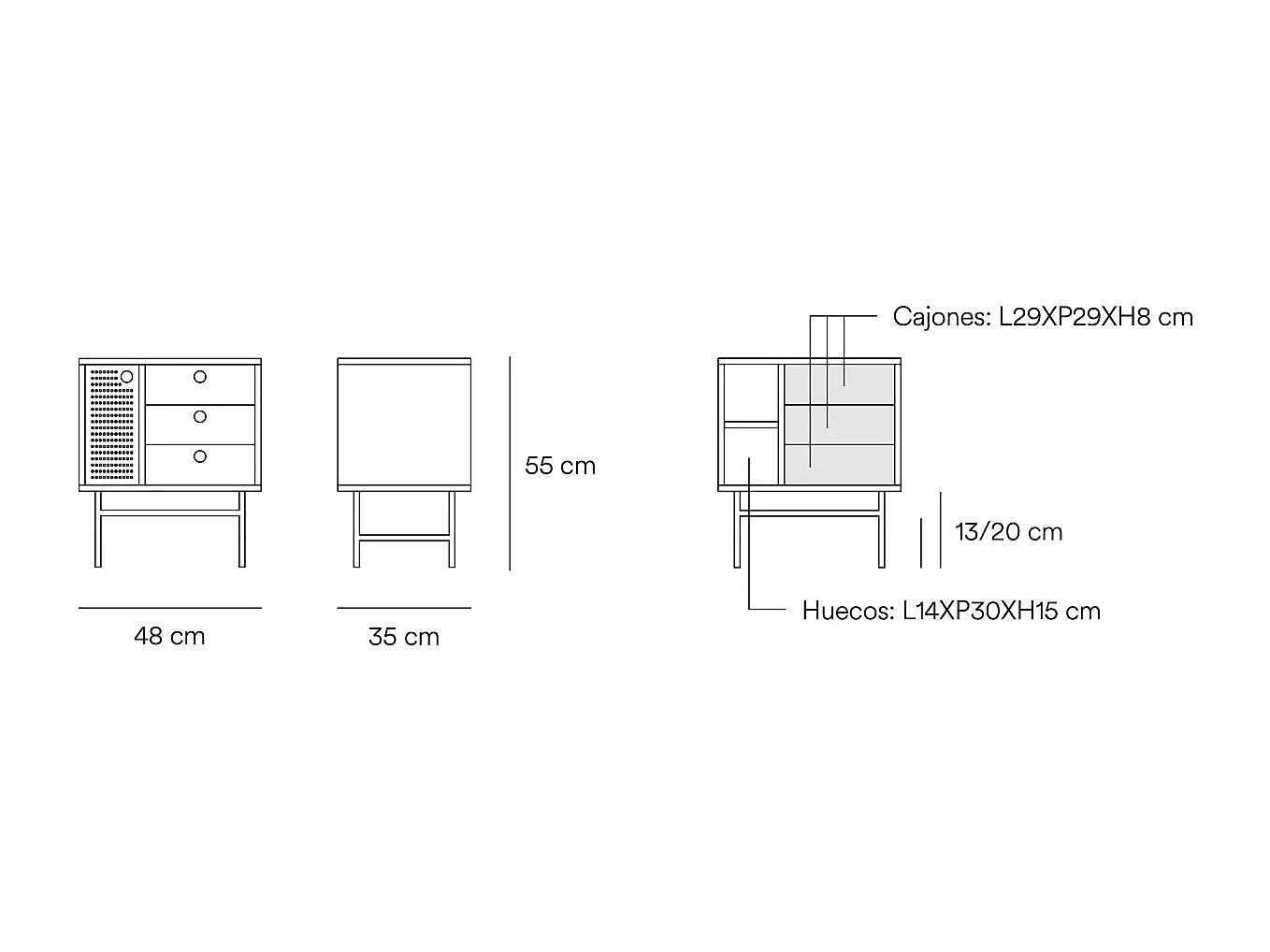 Table de chevet blanche 3 tiroirs 1 porte 48x35 cm