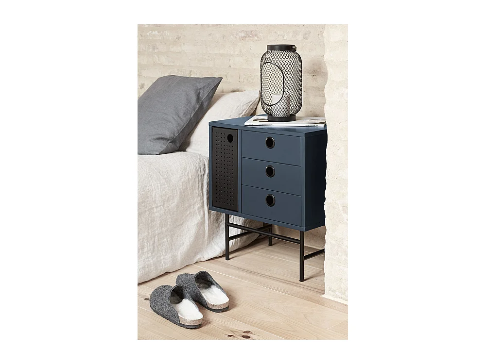 Table de chevet bleue 3 tiroirs 1 porte 48x35 cm