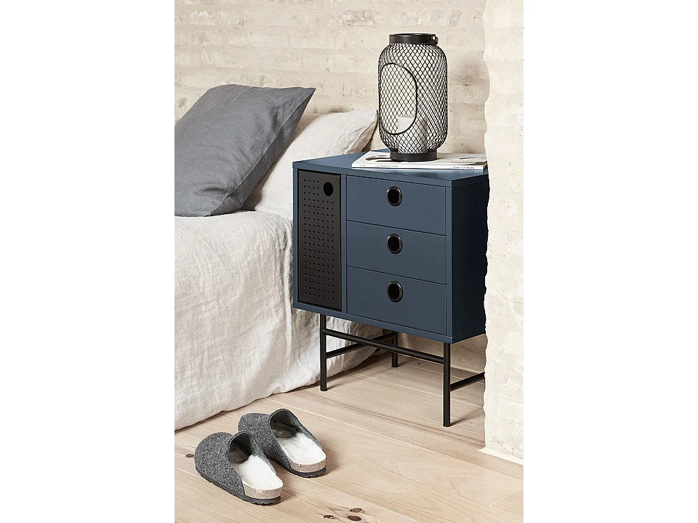 Table de chevet bleue 3 tiroirs 1 porte 48x35 cm