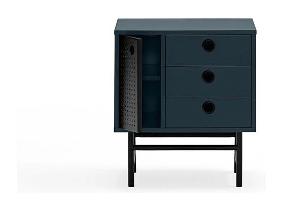 Table de chevet bleue 3 tiroirs 1 porte 48x35 cm