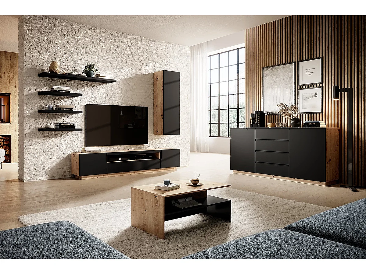 Tafel laag in gelaagd zwart en houtlook 100x60 cm