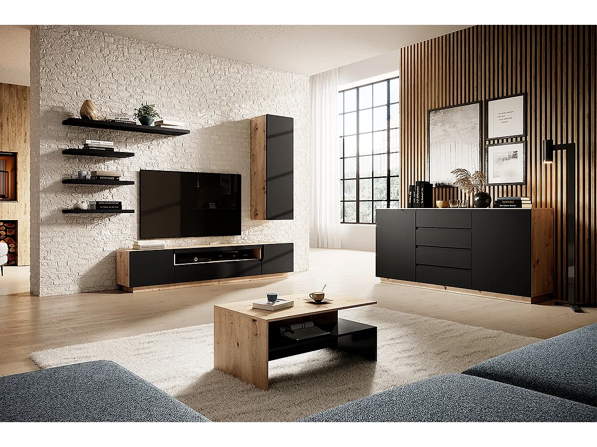 Table basse en stratifié noir et effet bois 100x60 cm