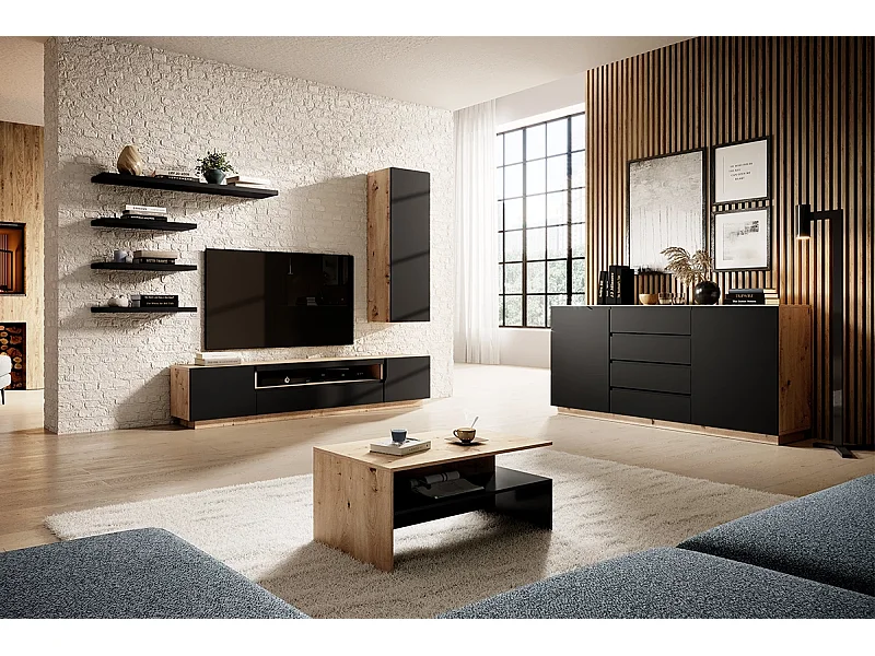 Tafel laag in gelaagd zwart en houtlook 100x60 cm