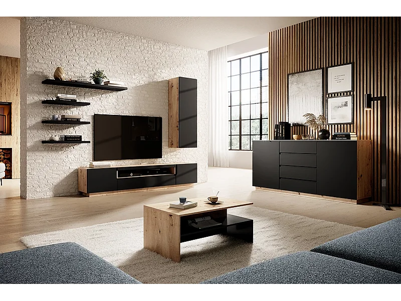 Tafel laag in gelaagd zwart en houtlook 100x60 cm