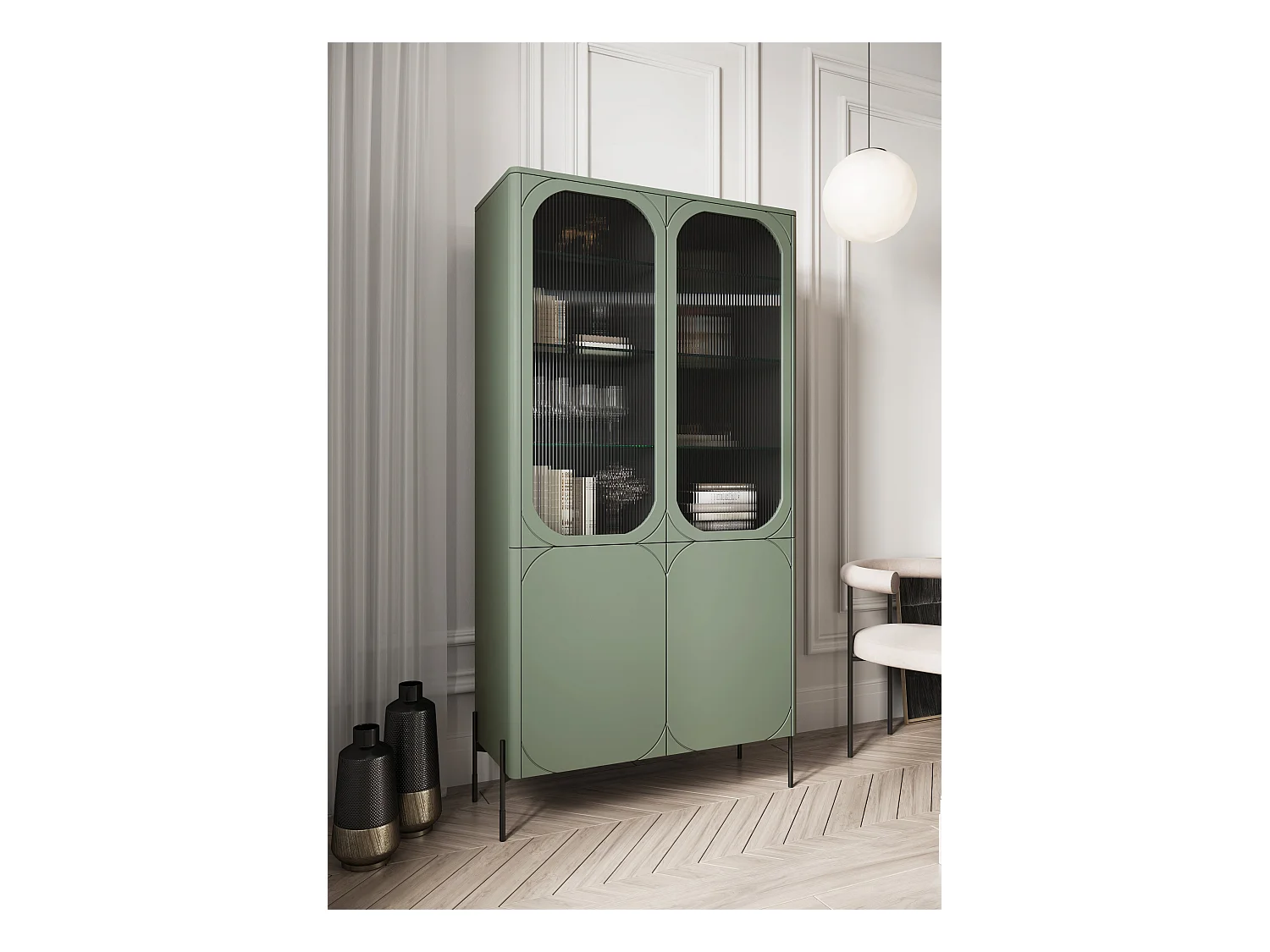 Vitrine 2 portes avec pied en métal vert olive 104x200 cm