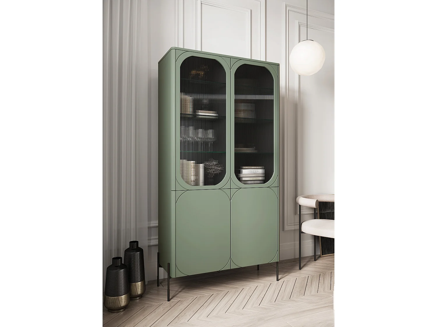 2-türige Vitrine mit olivgrünem Metallfuß 104x200 cm