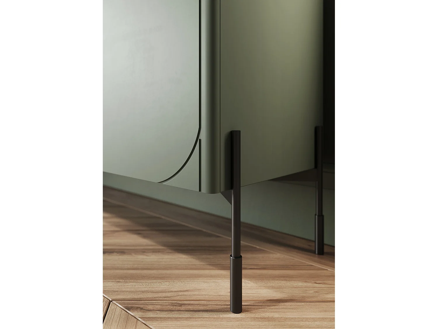 2-türige Vitrine mit olivgrünem Metallfuß 104x200 cm