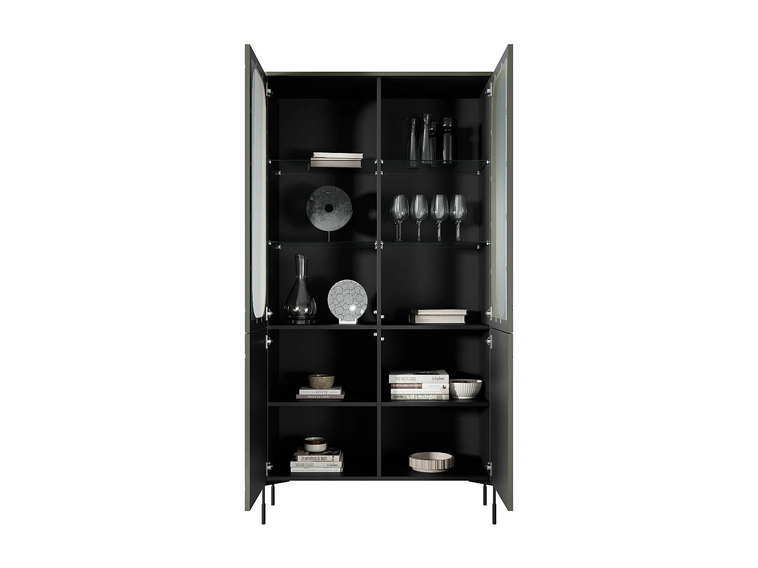 2-türige Vitrine mit olivgrünem Metallfuß 104x200 cm