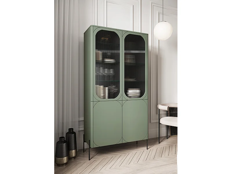 Vitrine 2 deuren met metalen voet groen olijf 104x200 cm