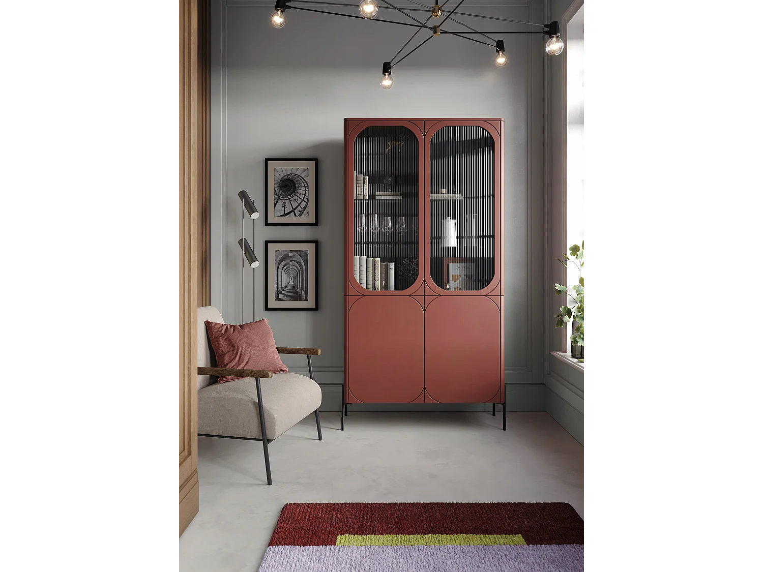 Vitrine 2 portes avec pied en métal bordeaux 104x200 cm