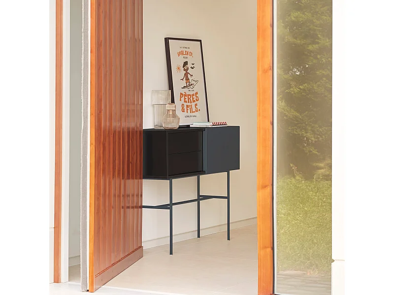 Consolle 2 cassetti e anta scorrevole laccata nero e grigio 110x90 cm