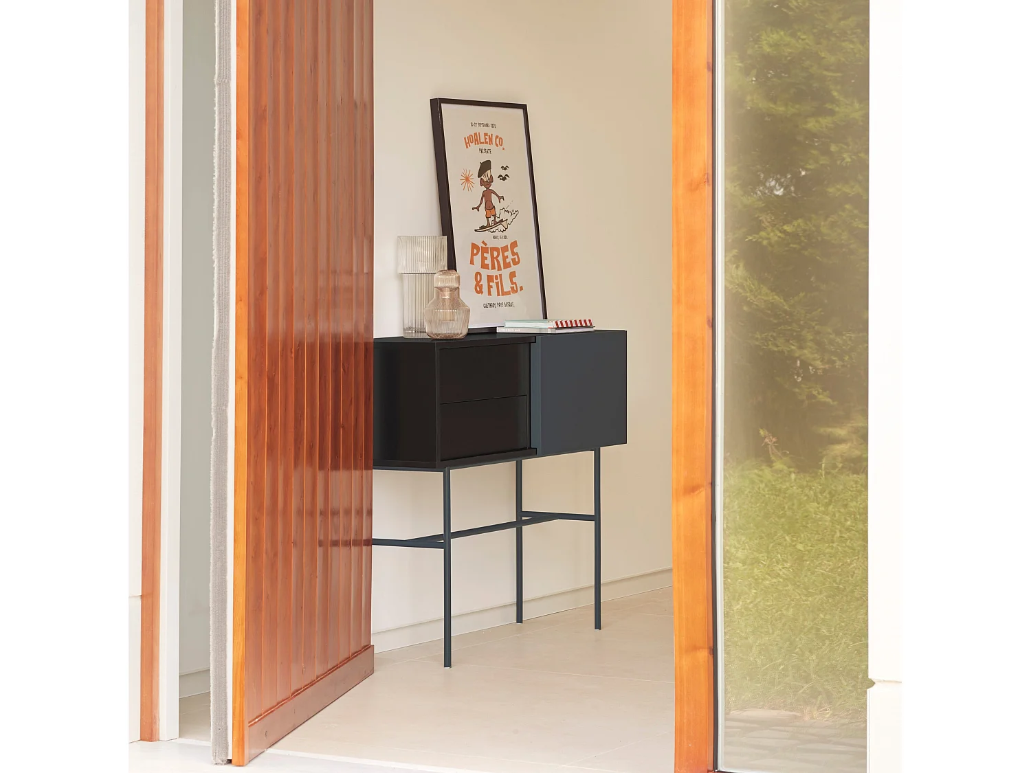 Console avec 2 tiroirs et porte coulissante laquée noir et gris 110x90 cm