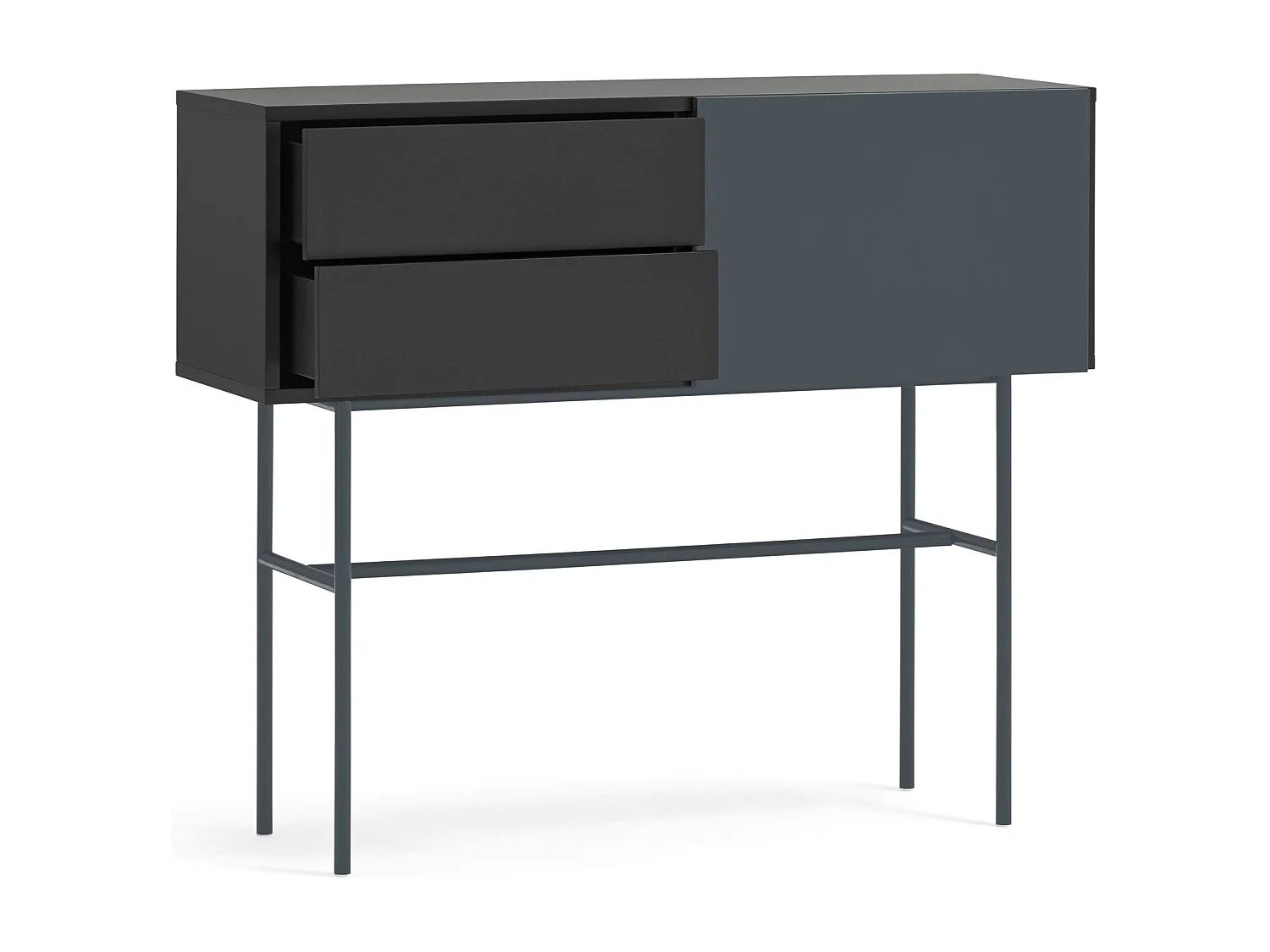 Console avec 2 tiroirs et porte coulissante laquée noir et gris 110x90 cm