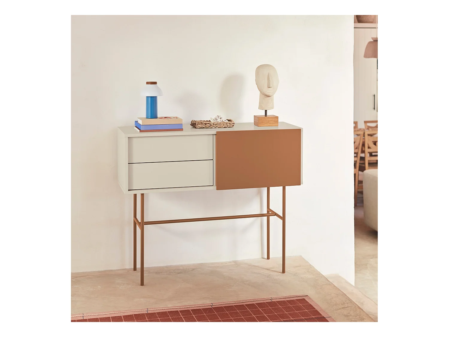 Konsole mit 2 Schubladen und Schiebetür, sandfarben lackiert, 110x90 cm