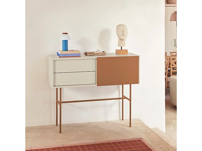 Consola 2 gavetas e porta de correr lacada areia 110x90 cm