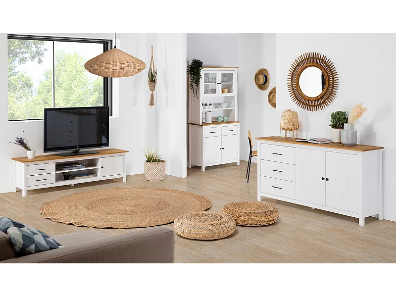 Meuble TV en bois blanc avec deux tiroirs 158x40 cm