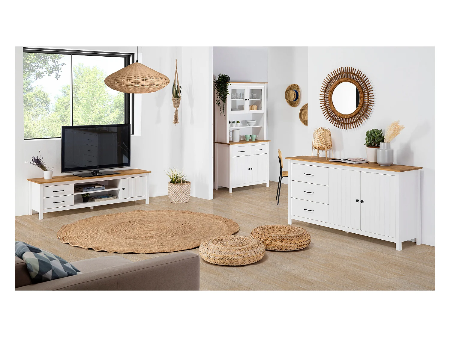 Meuble TV en bois blanc avec deux tiroirs 158x40 cm