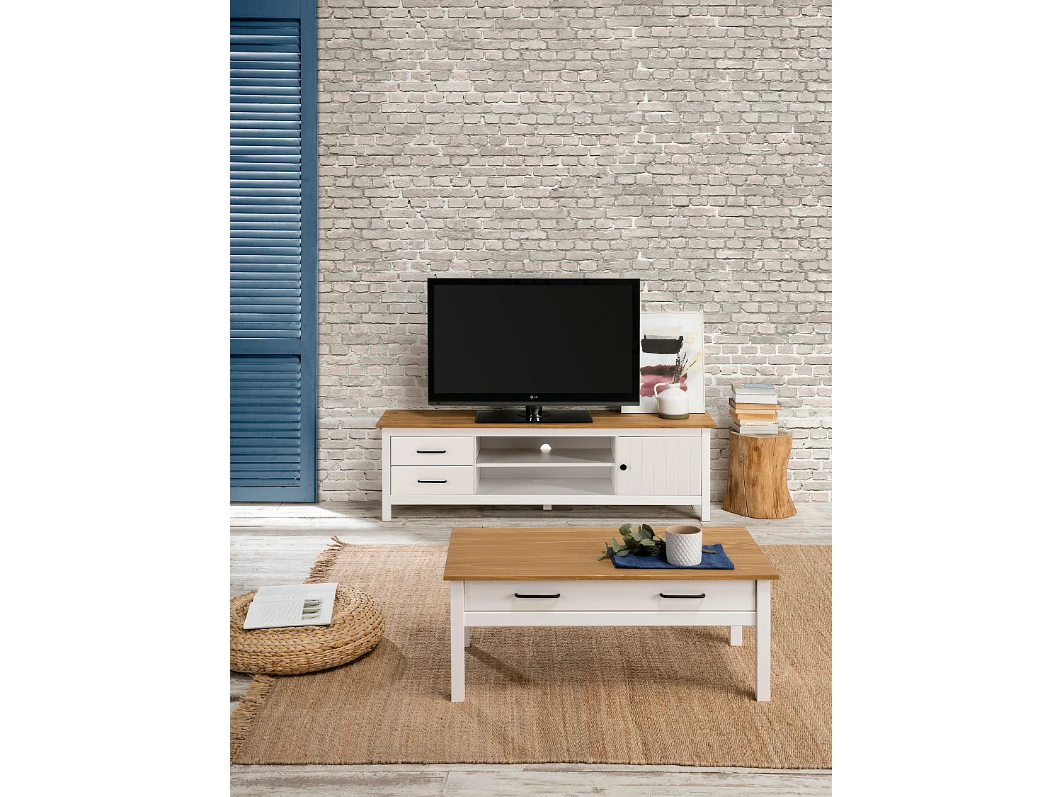 Meuble TV en bois blanc avec deux tiroirs 158x40 cm